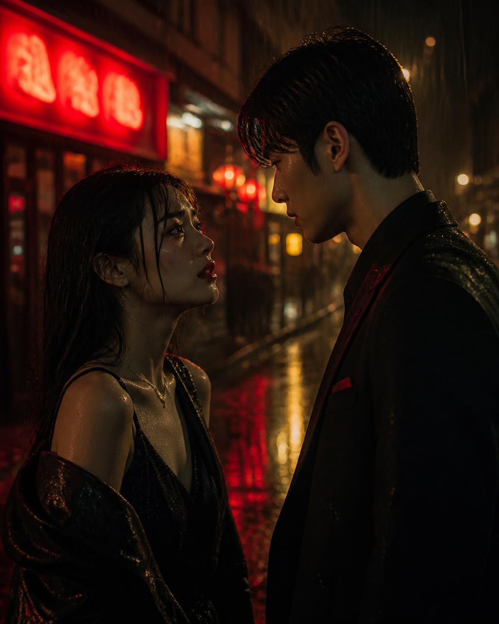 Cena dramática original com personagens fictícios sob luz cinematográfica